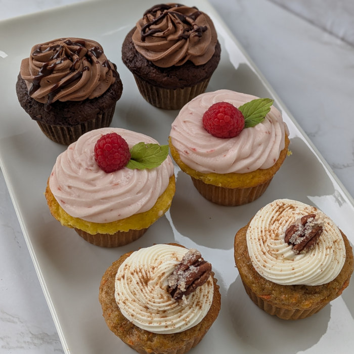 Lemon Raspberry, Carrot Cake, and Chocolate Cupcakes